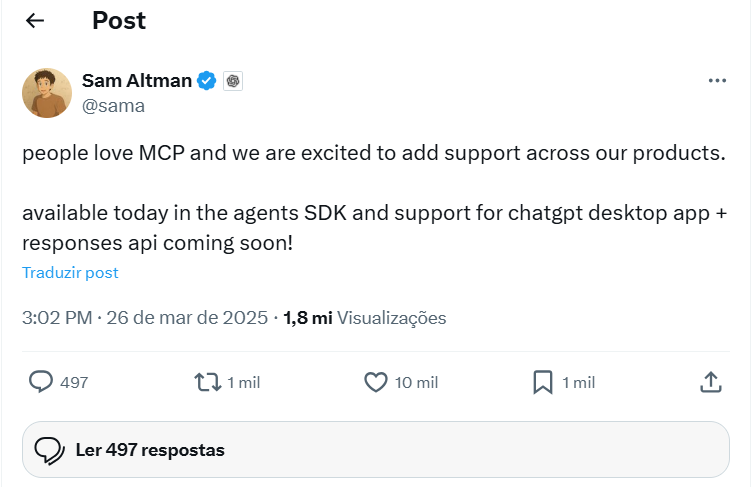 Sam Altman, CEO da OpenAI, confirmou que adotará o Model Context Protocol (MCP)
